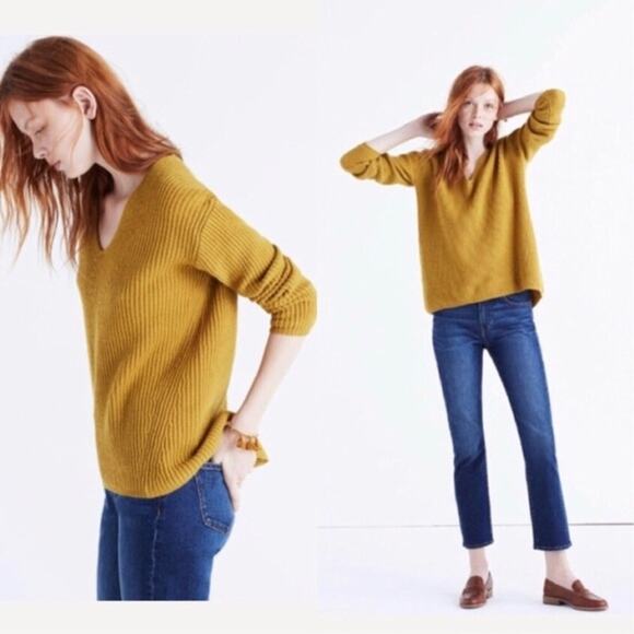 Madewell 2XS Mustard Yellow Woodside Pullover Sweater Merino Wool VNeck XXSmall - Picture 9 of 9